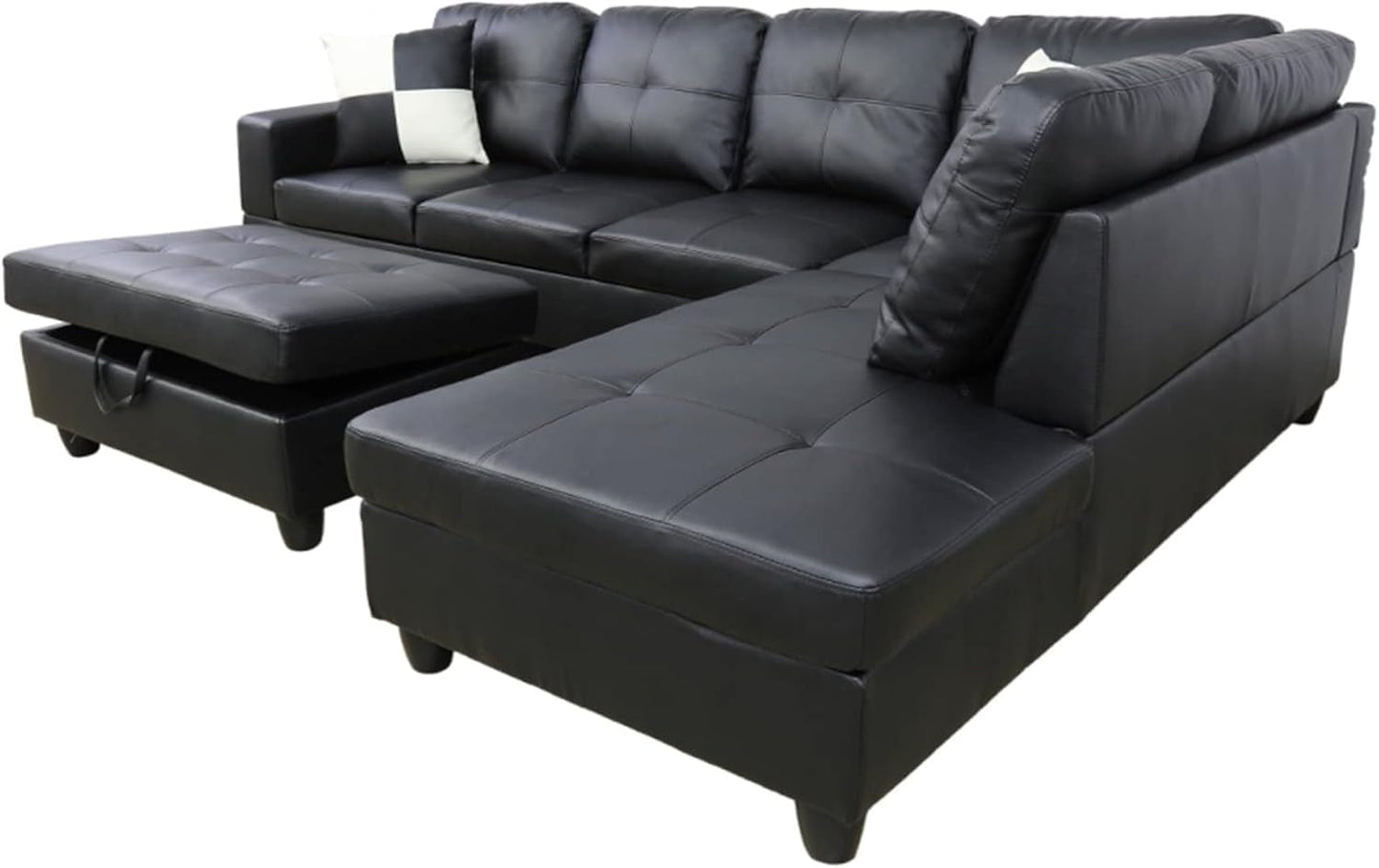 Faux Leather L Shaped Sectional Sofa Black 103 Inch Wide With Ottoman ShipItFurniture