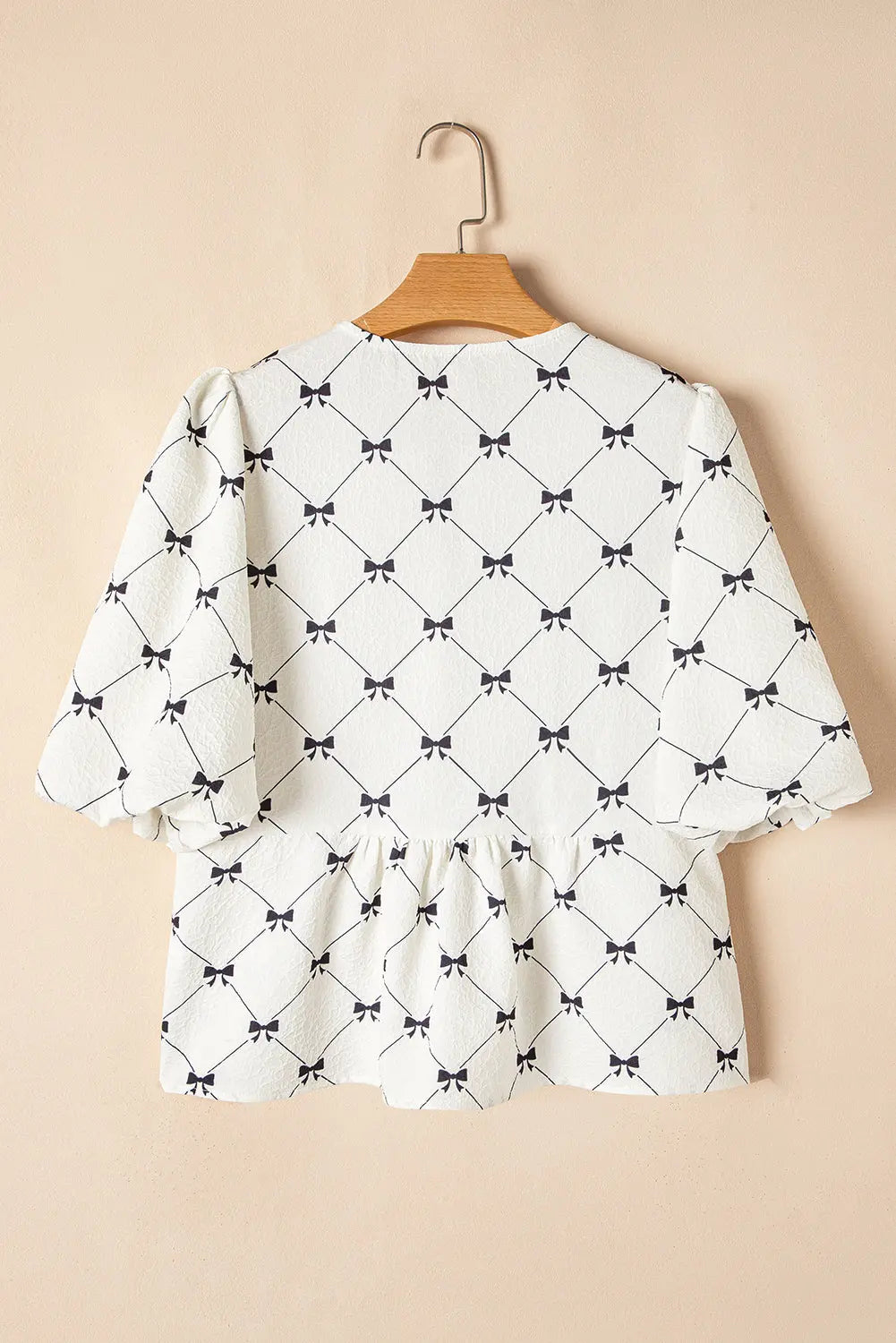 Ezra Bowknot Print Front Knots Bubble Sleeve Blouse Threaded Pear