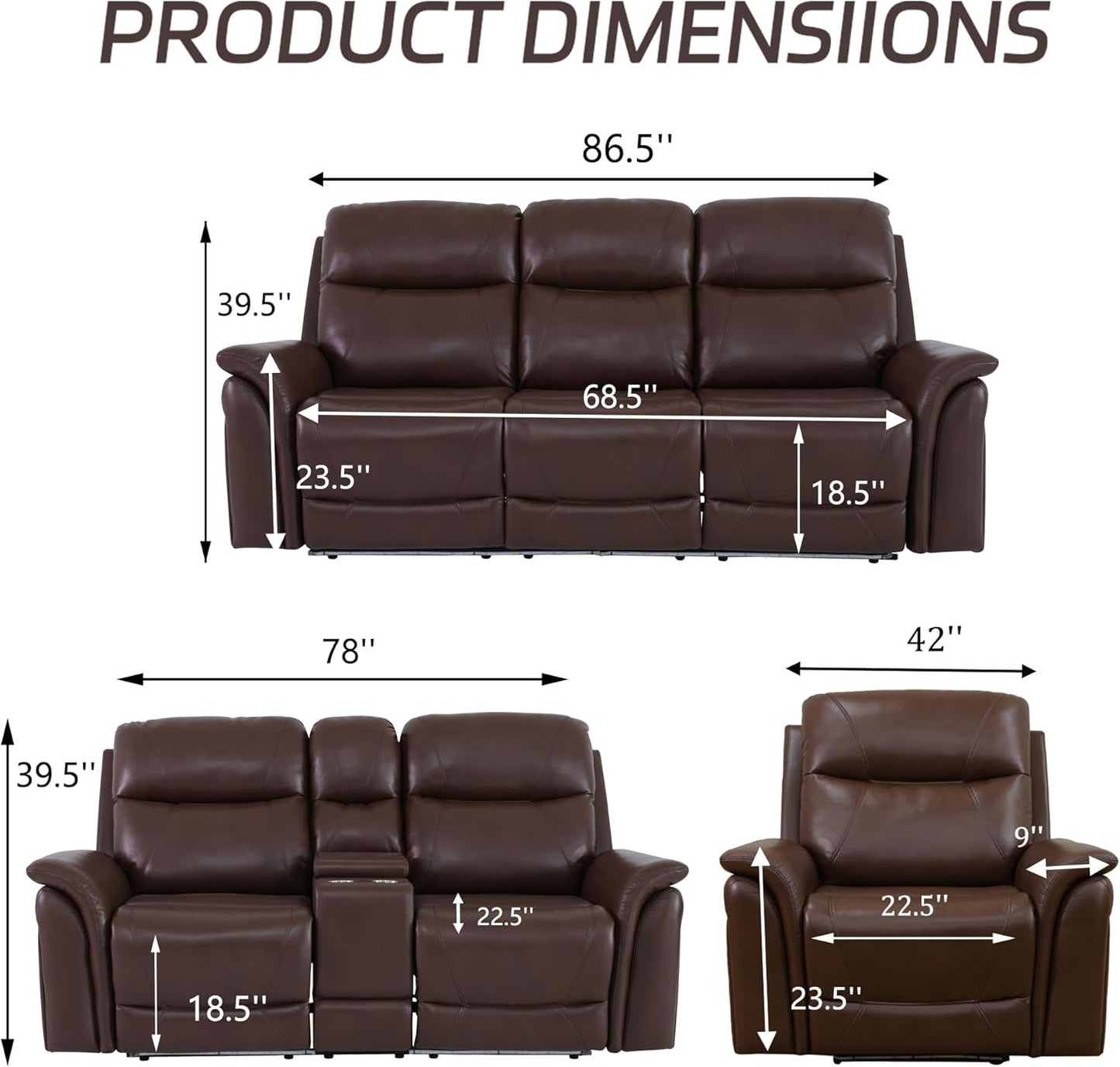 Power Recliner Sofa Set With LED Leather 3 Piece Brown Living Room ShipItFurniture