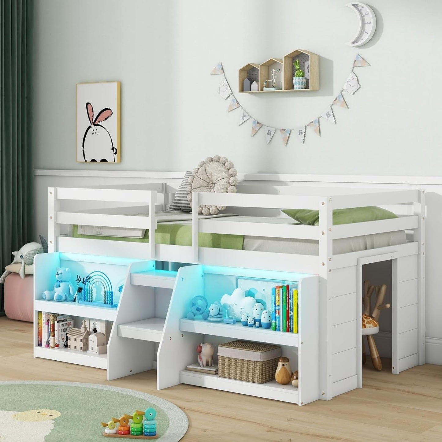 White Twin Low Loft Bed with LED & Stairs ShipItFurniture