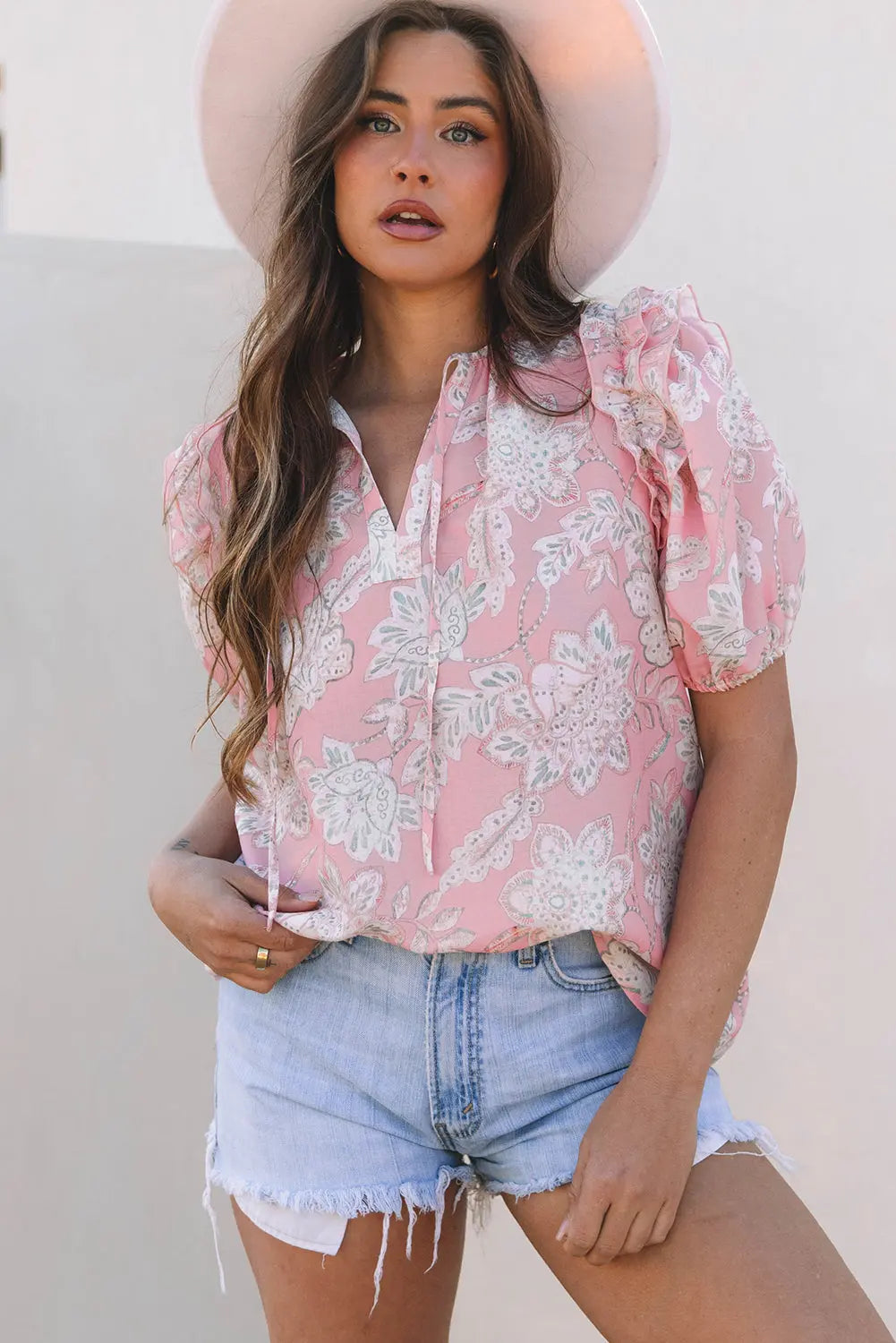 Cattleya Floral Drawstring V Neck Puff Sleeve Loose Blouse Threaded Pear
