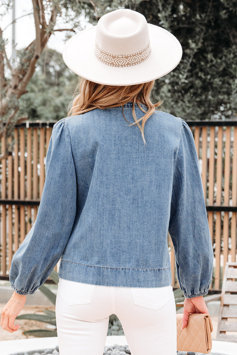 Oakley Tied Front Long Puff Sleeve Denim Top Threaded Pear