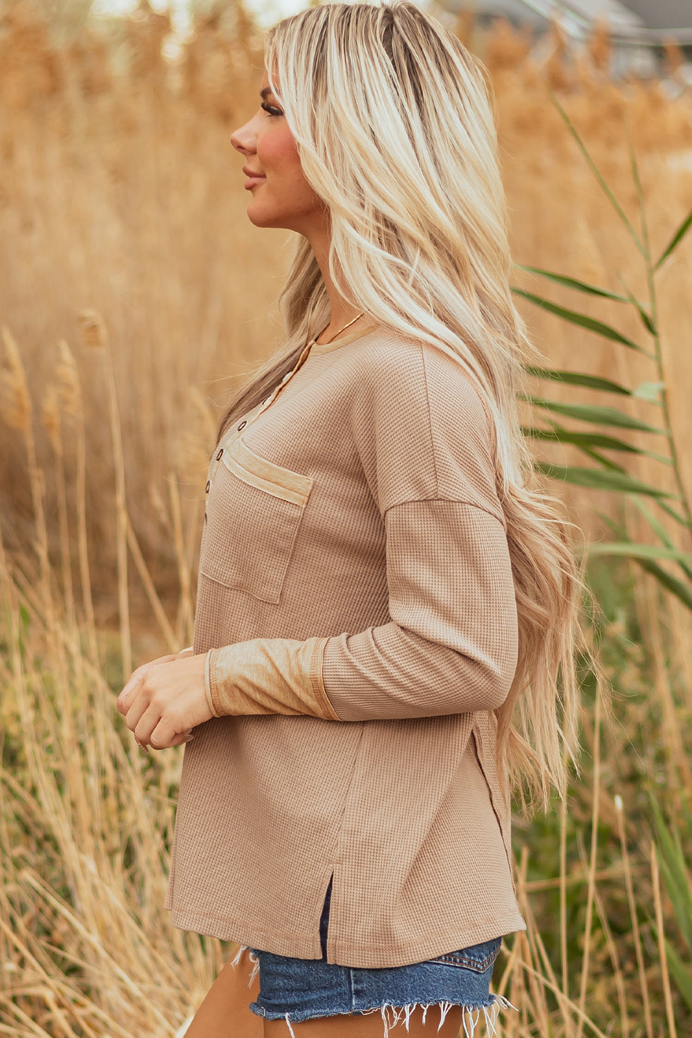 Blake Waffle Textured Tunic Henley Top with Slits Threaded Pear