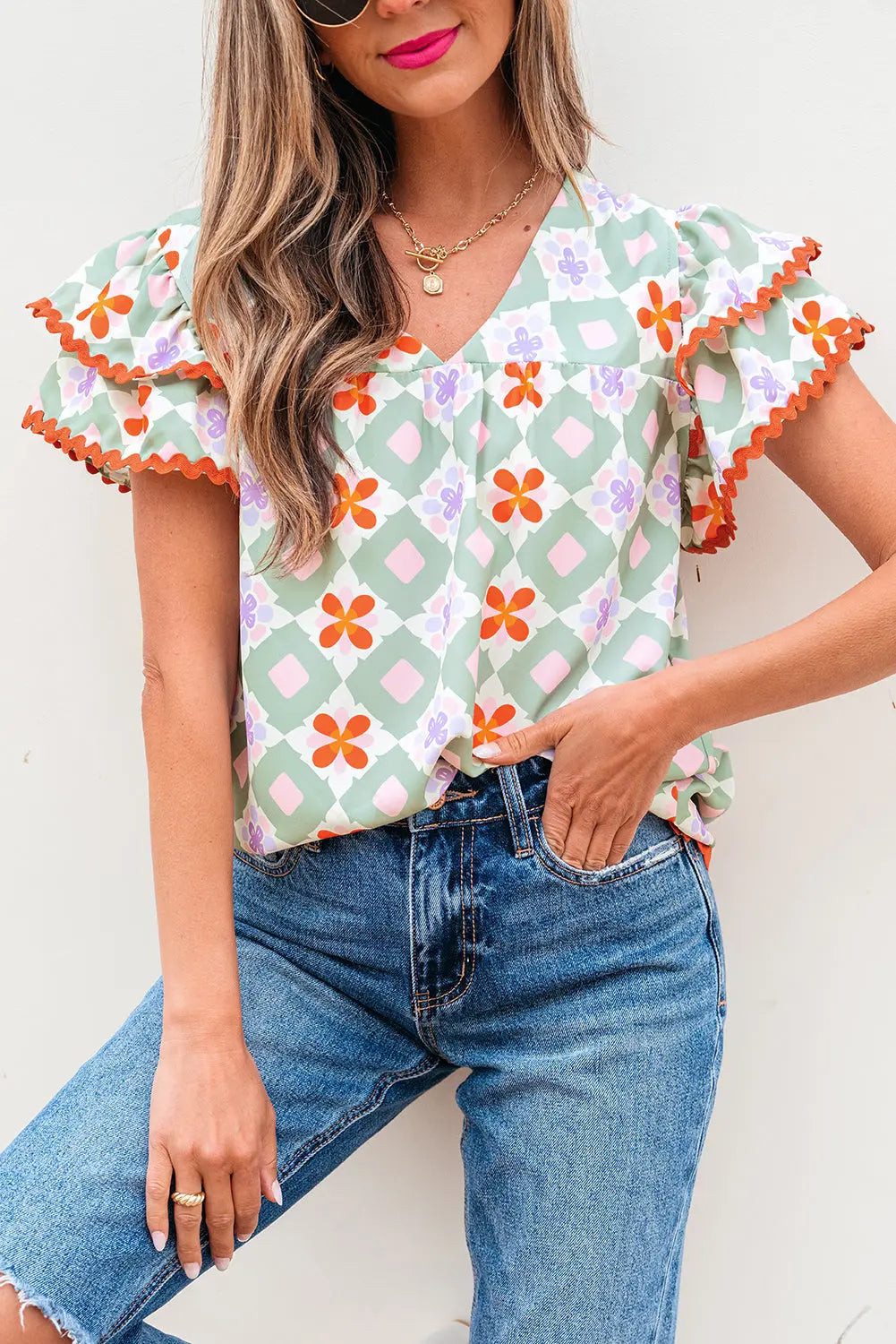 Belen Floral Layered Flutter Sleeve Rac Trim Blouse Threaded Pear