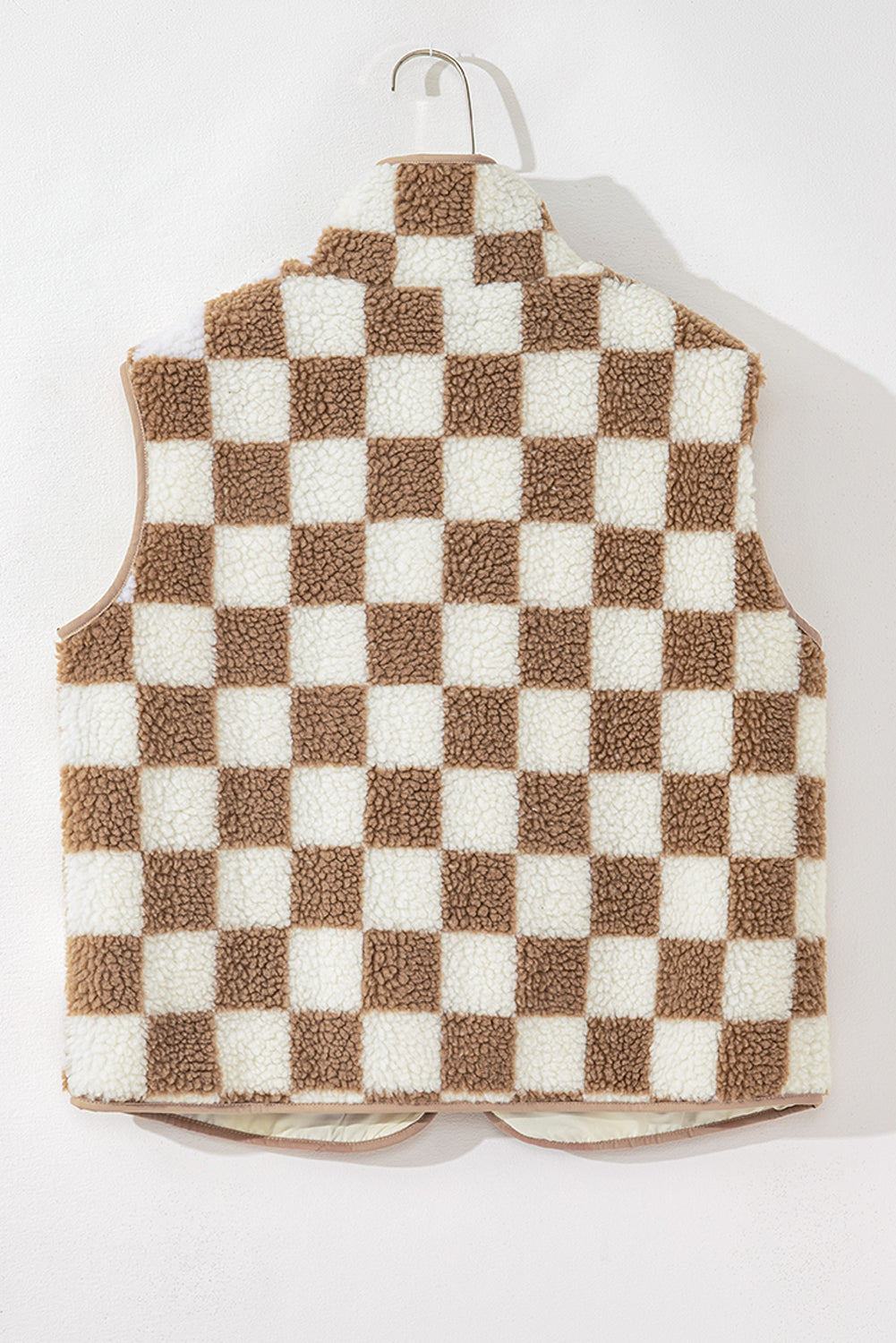 Mindi Checkered Sherpa Collared Jacket Vest Threaded Pear