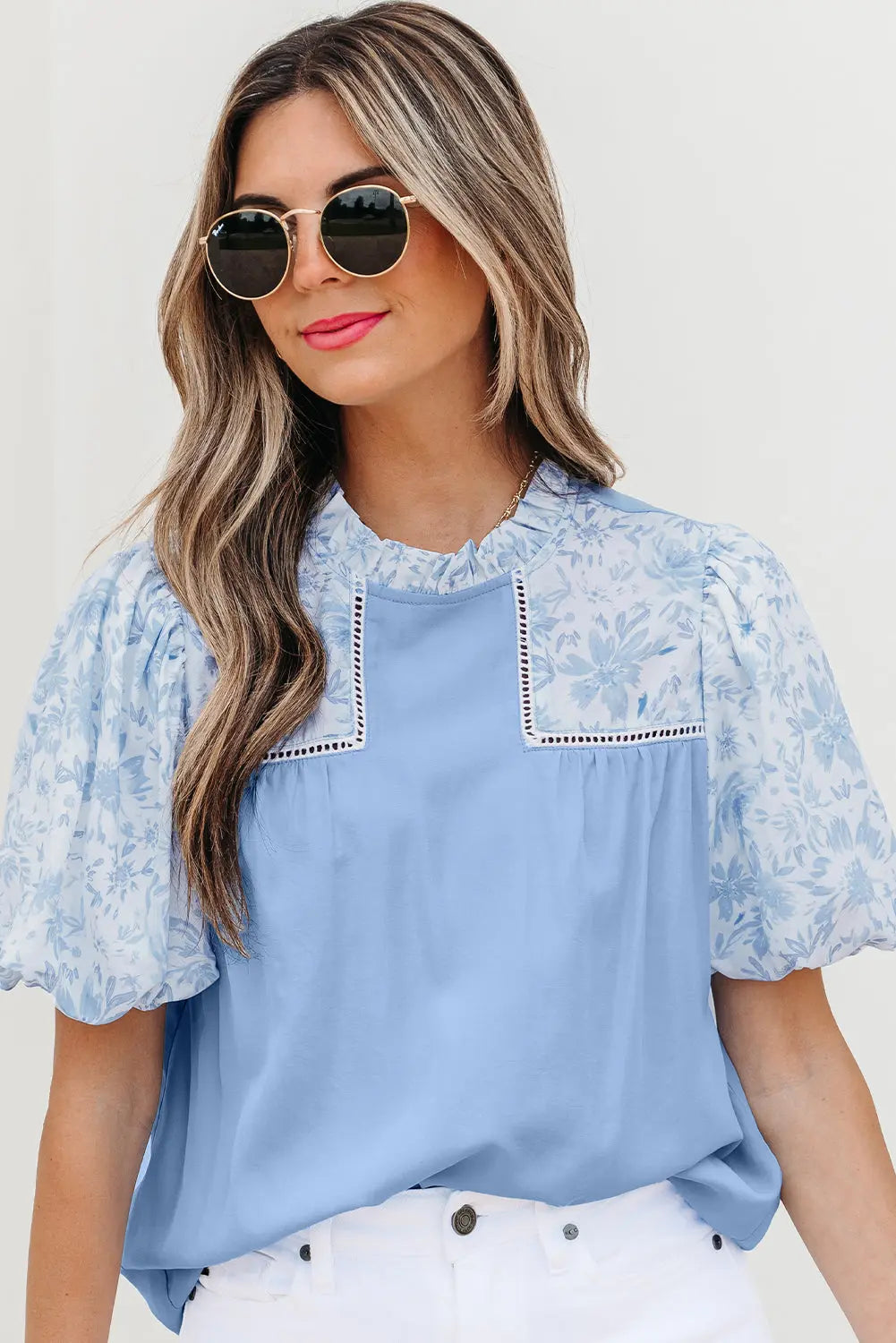 Saanvi Lace Floral Puff Sleeve Loose Blouse Threaded Pear