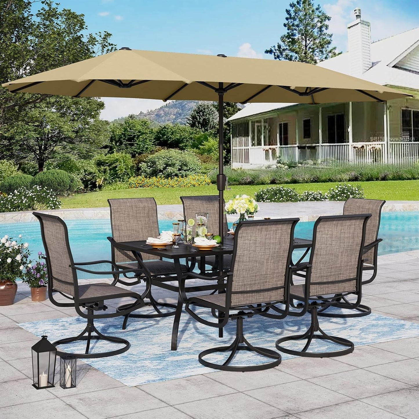 Patio Set with Umbrella 8 Pieces Outdoor Dining Set for 6 with 13Ft Double-Sided Patio Umbrella Beige, 6 X Swivel Patio Chairs, 1 Metal Table for Lawn Garden ShipItFurniture