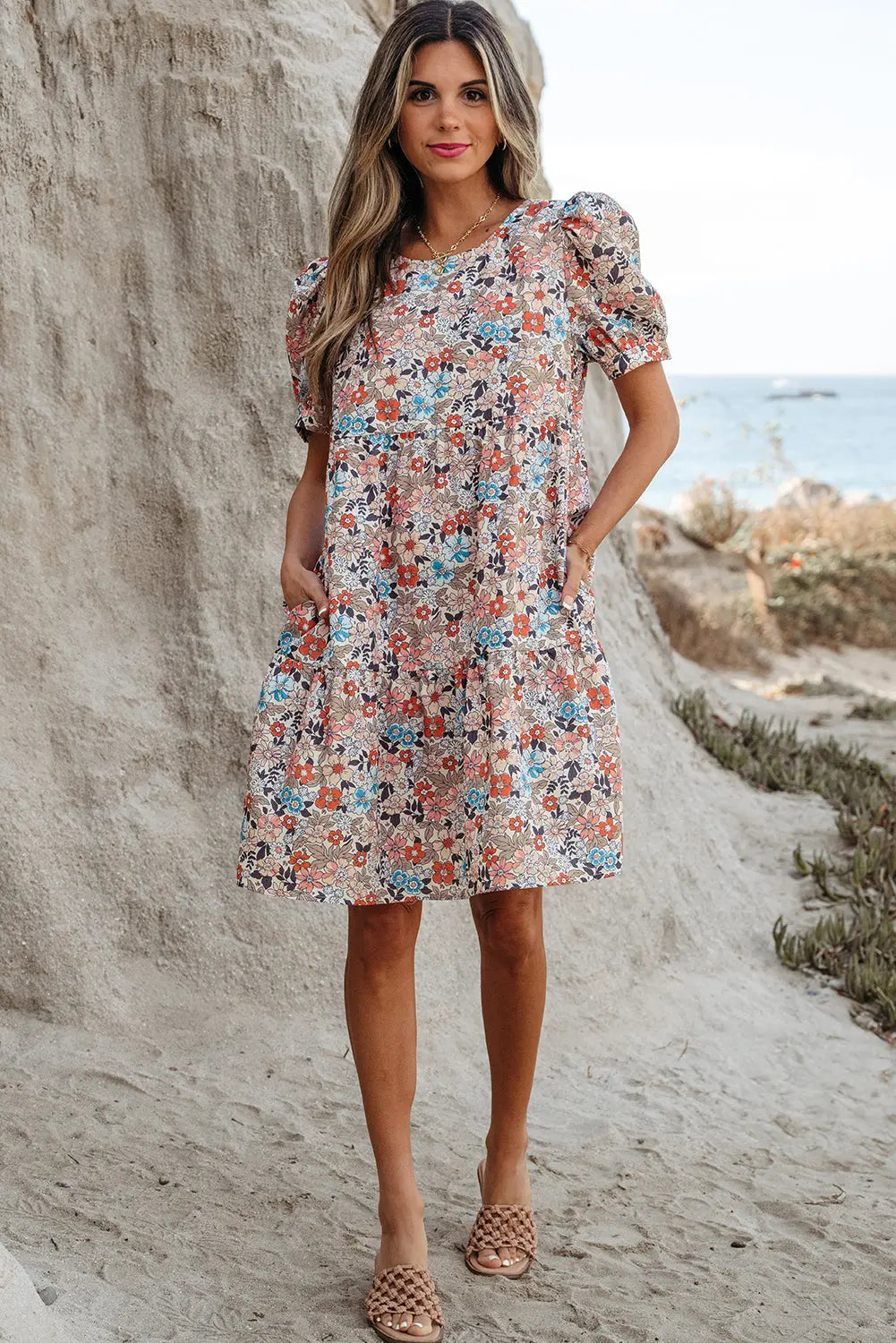 Aliana Bohemian Floral Mini Dress Threaded Pear