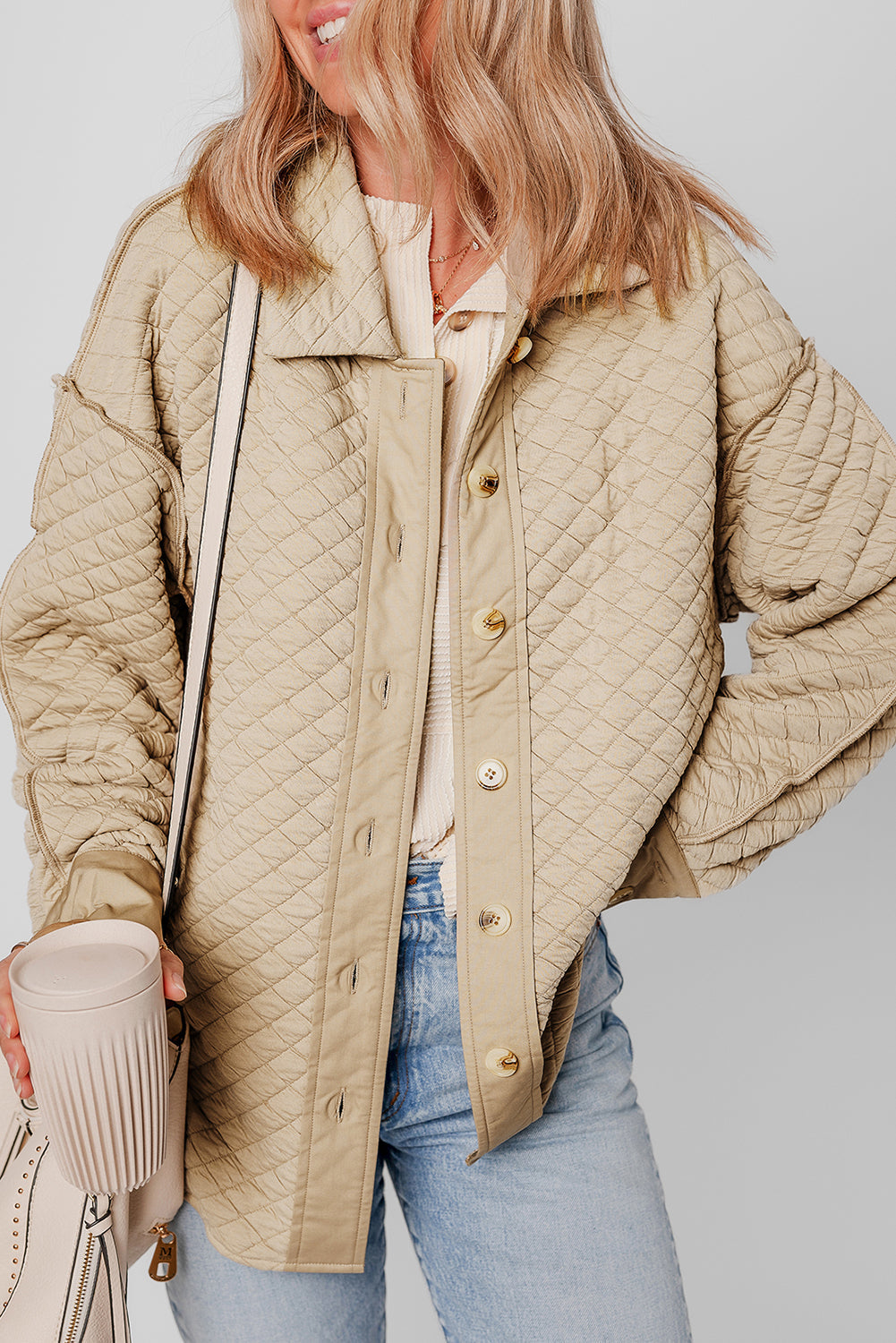 Celeste Quilted Puffer Buttoned Shacket Threaded Pear