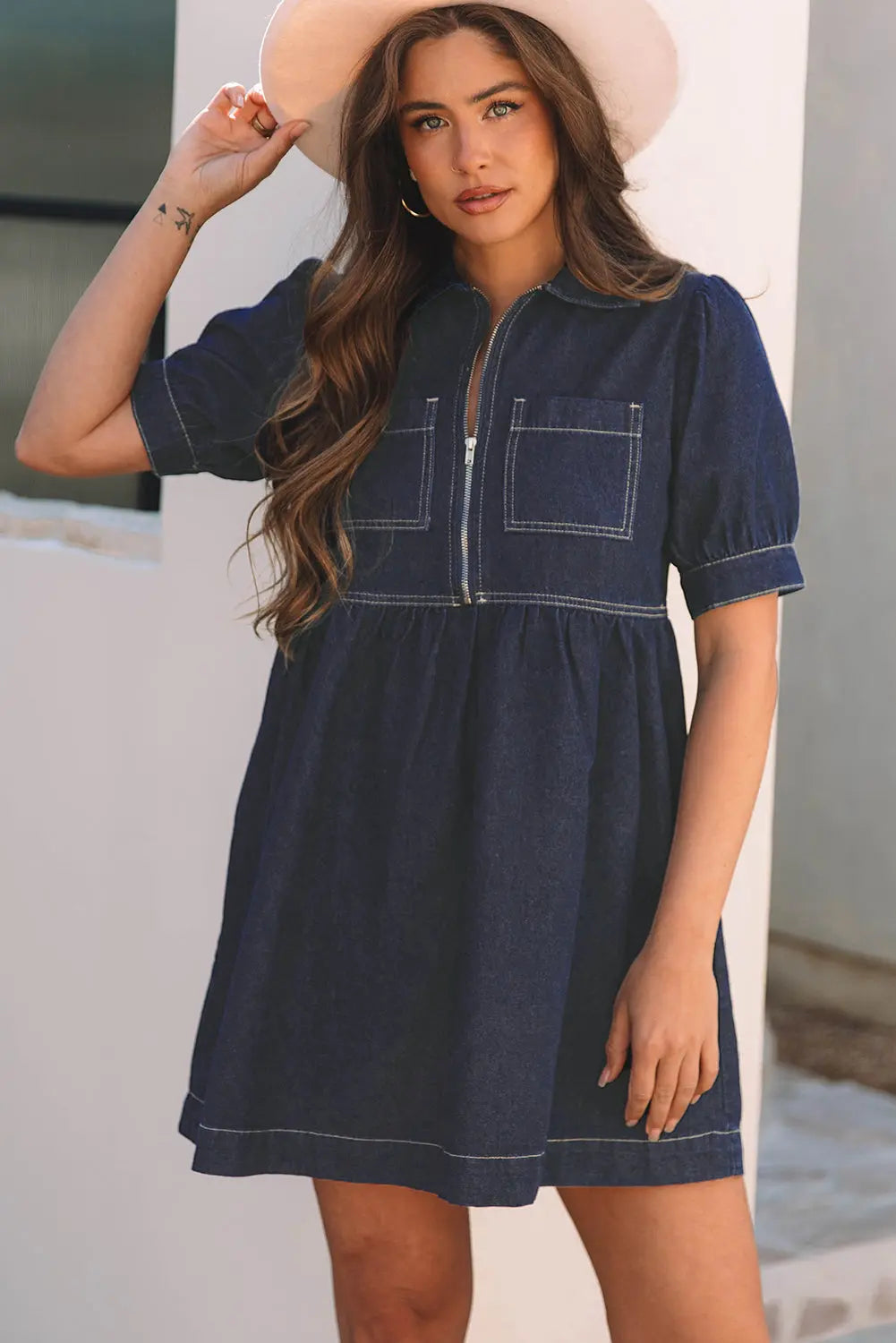 Melina Zipped up Denim Dress Threaded Pear