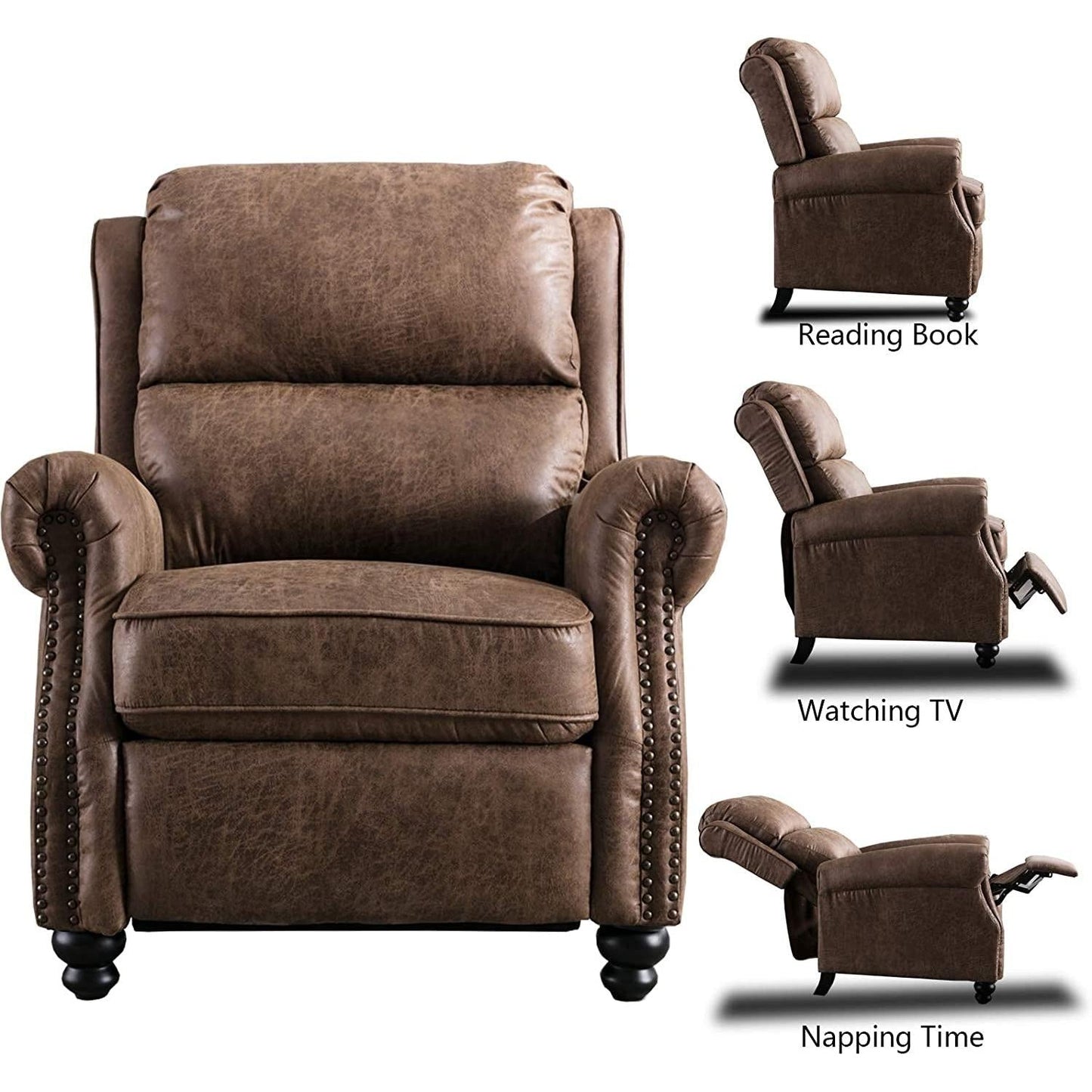 Pushback Recliner Chair Leather Rivet Decoration Chocolate ShipItFurniture