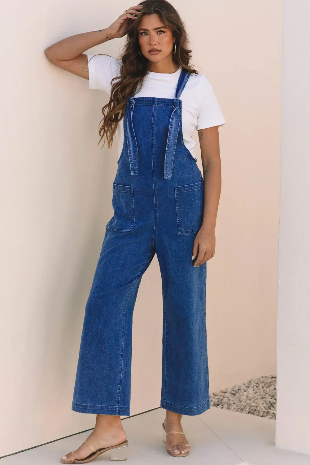 Elodie Knotted Strap Wide Leg Denim Overalls Threaded Pear