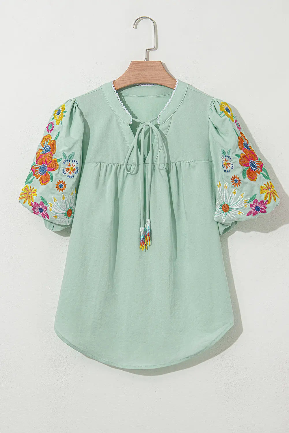 Reya Floral Embroidered Puff Sleeve Split Neck Blouse Threaded Pear