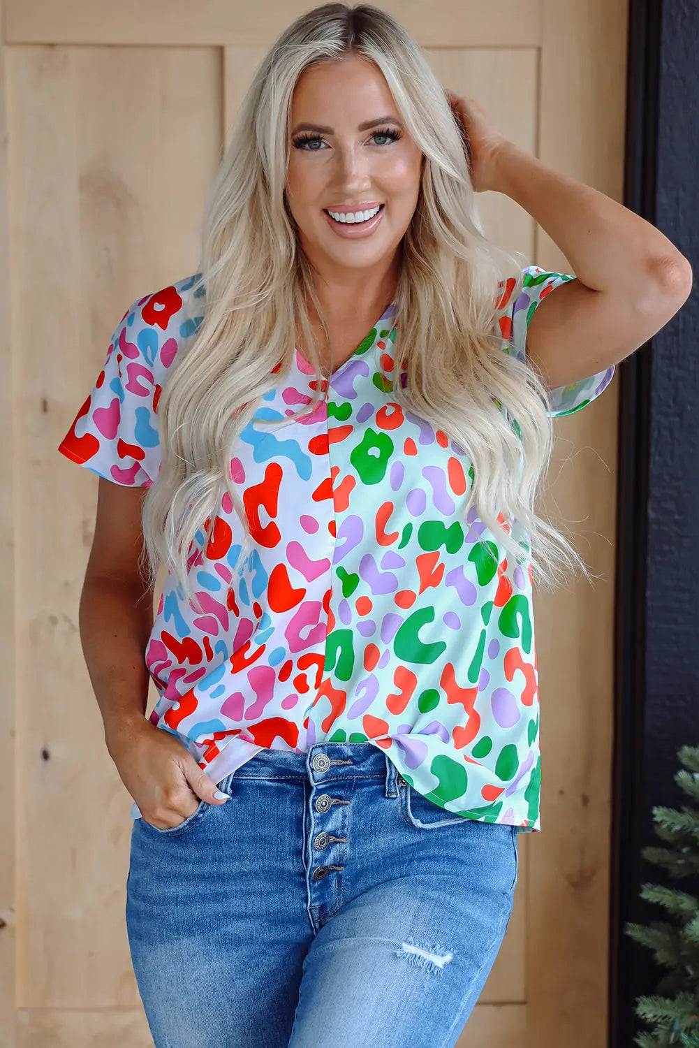 Artemis Leopard V Neck Short Sleeve Blouse Threaded Pear