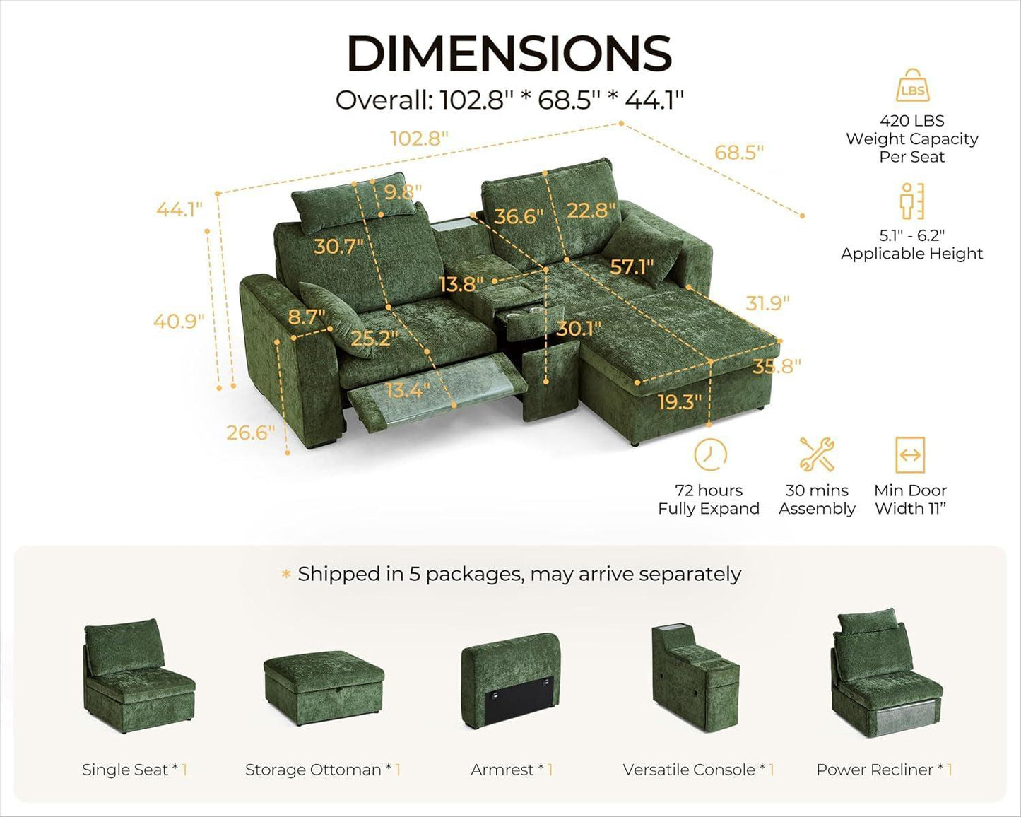 102.8 Inch White Power Recliner Sofa With Headrest And USB Charging Storage Ottoman ShipItFurniture