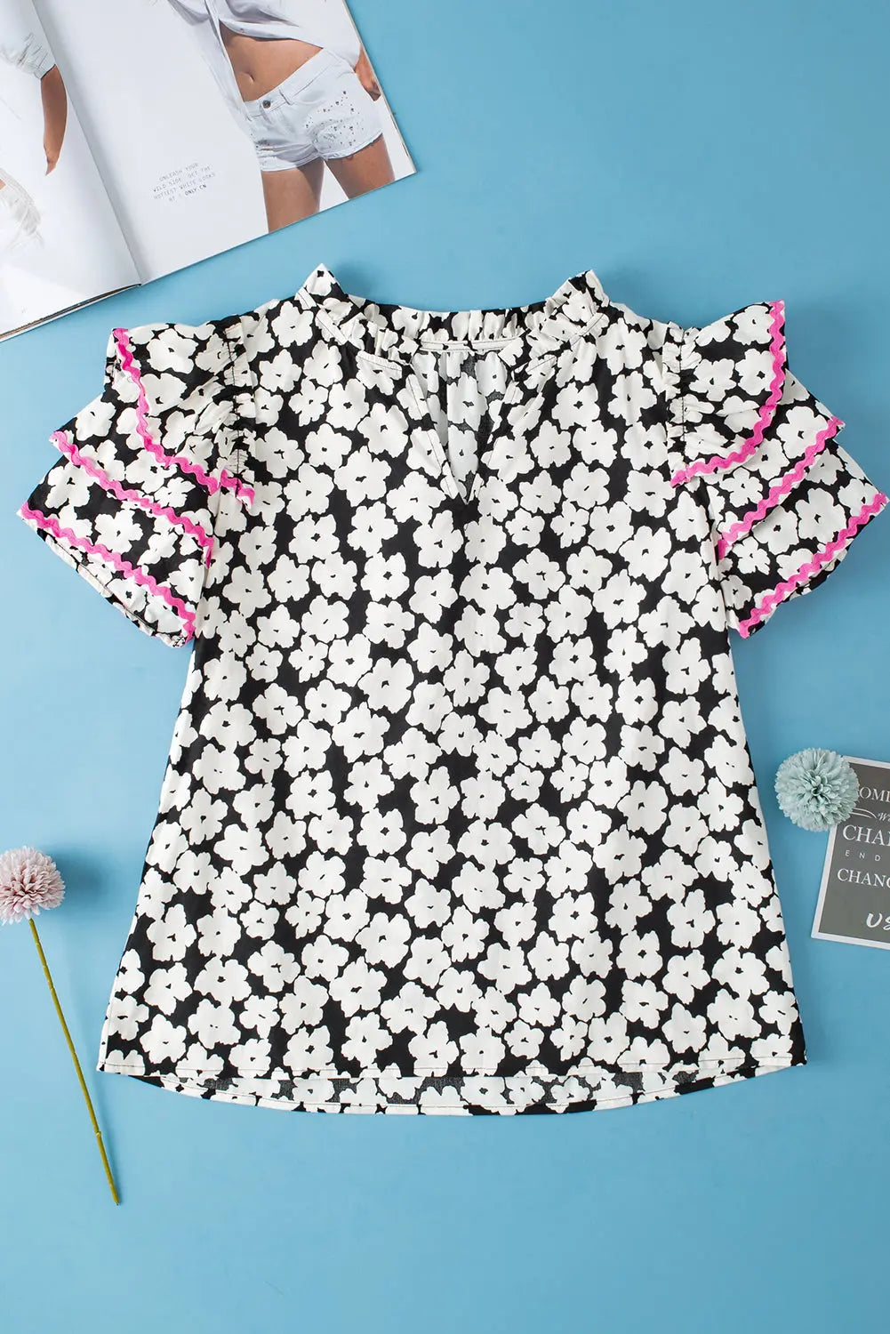 Capri Floral Ric Rac Ruffle Sleeve Blouse Threaded Pear