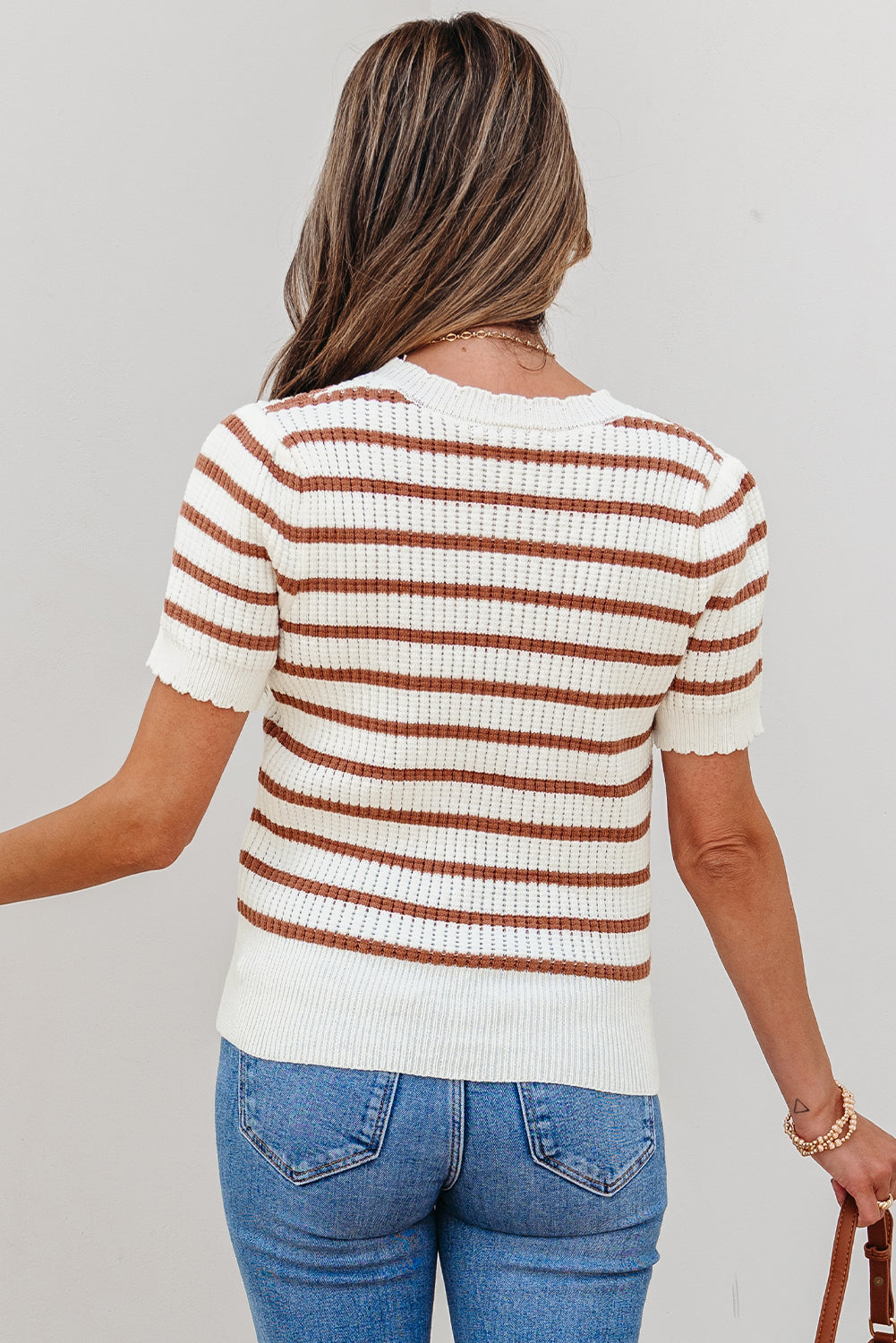 Eloise Stripe Scalloped Round Neck Short Sleeve Sweater Threaded Pear