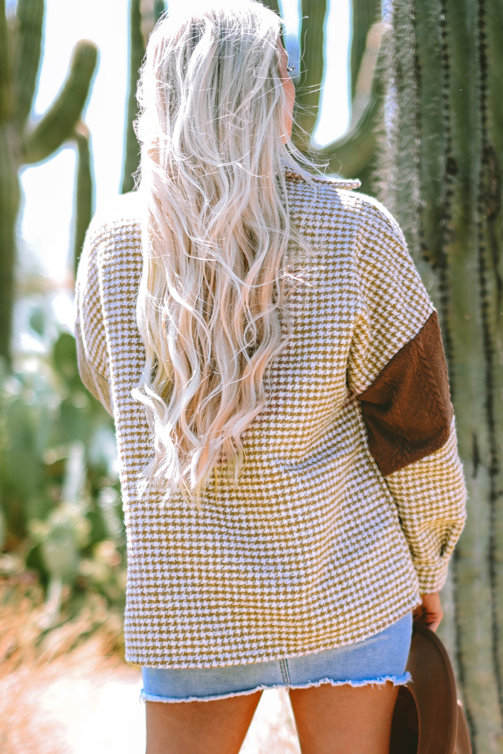 Luna Houndstooth Loose Shacket Threaded Pear