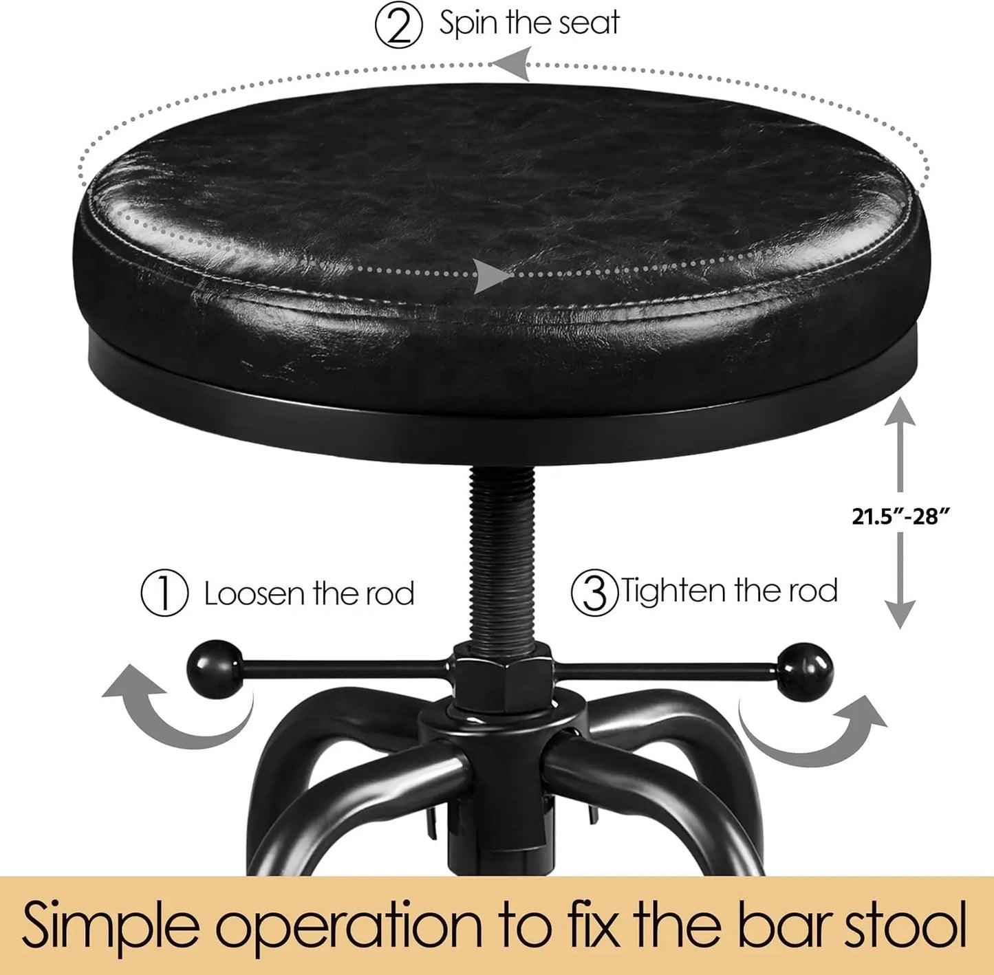 Industrial Bar Stools Vintage Counter Height Bar Stool with round Faux Leather Seat Metal Stool Adjustable Kitchen Stool 21.5-28 Inch Tall Black, 1PCS ShipItFurniture