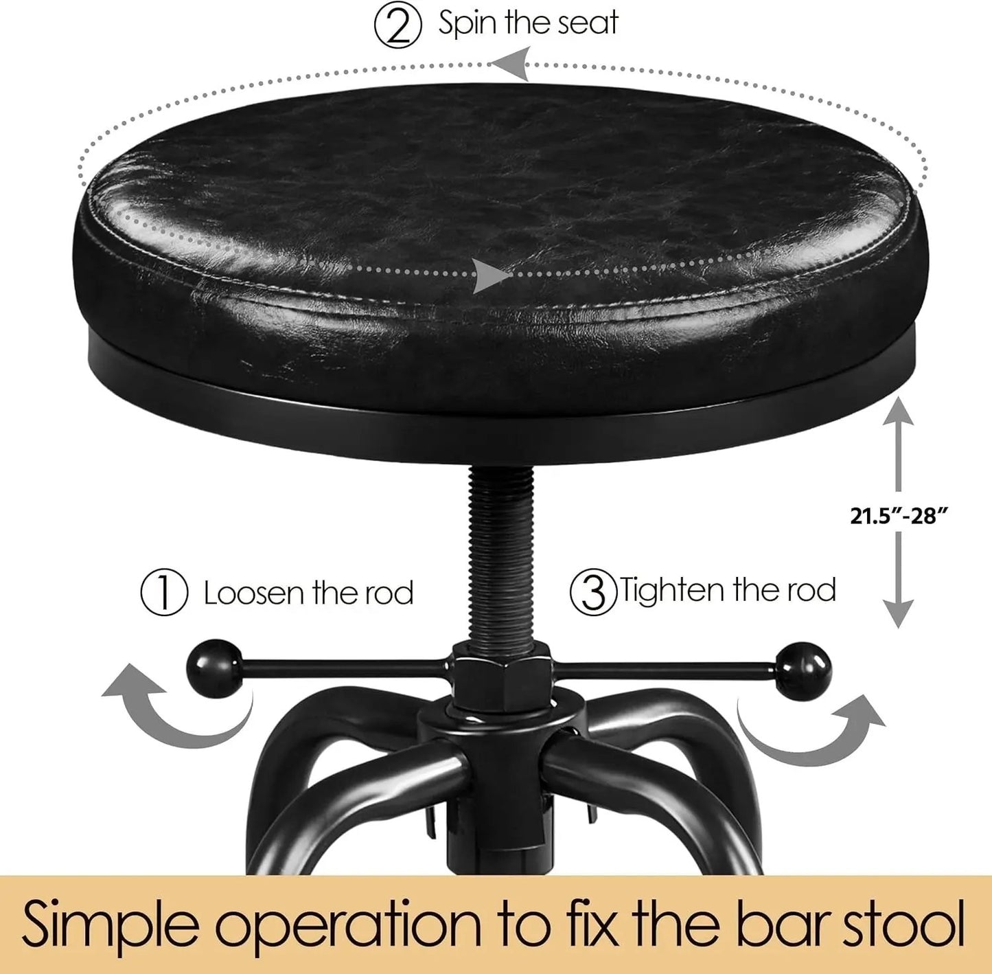 Industrial Bar Stools Vintage Counter Height Bar Stool with round Faux Leather Seat Metal Stool Adjustable Kitchen Stool 21.5-28 Inch Tall Black, 1PCS-4