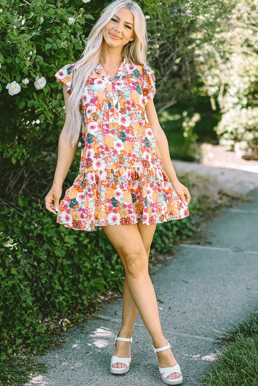 August Floral Print Split Neck Flutter Sleeve Dress Threaded Pear
