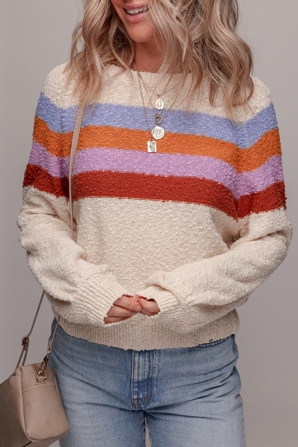 Ayla Striped Color Block Loose Sleeve Chic Sweater Threaded Pear