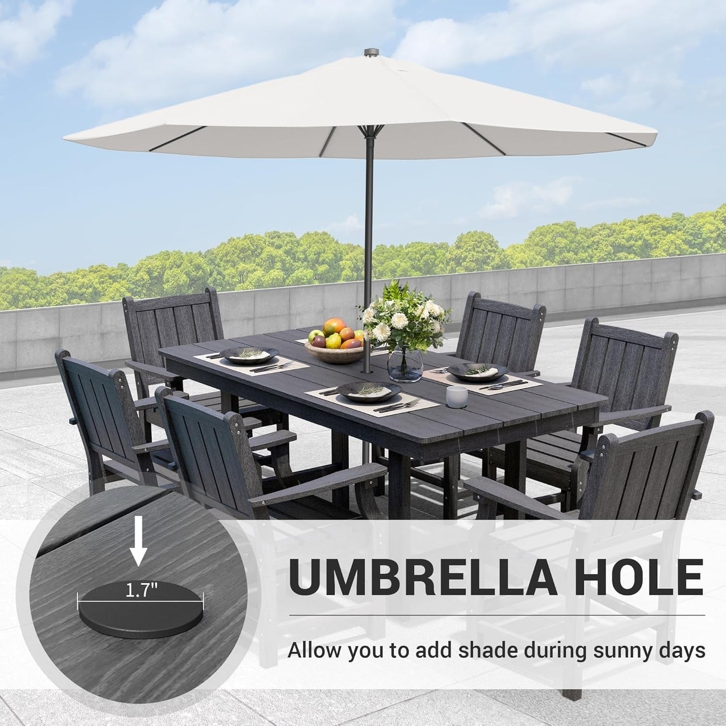 Spacious Wood Grain Outdoor Dining Set with Umbrella Hole ShipItFurniture
