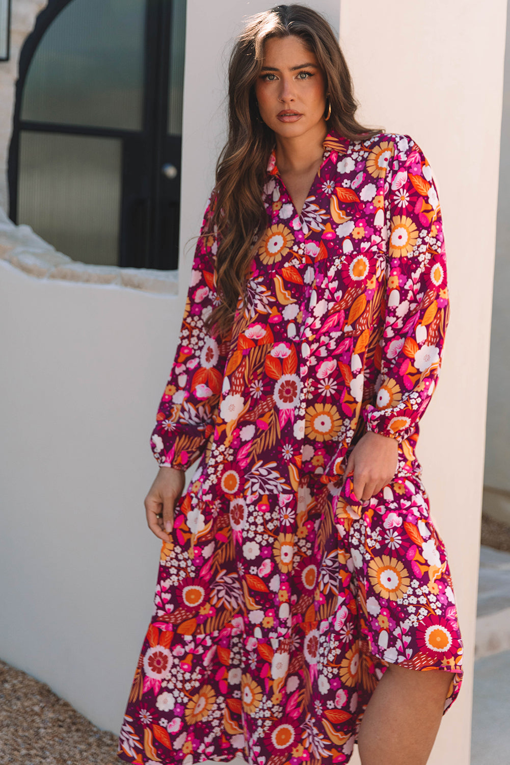 Alina Collared Tiered Long Dress Threaded Pear