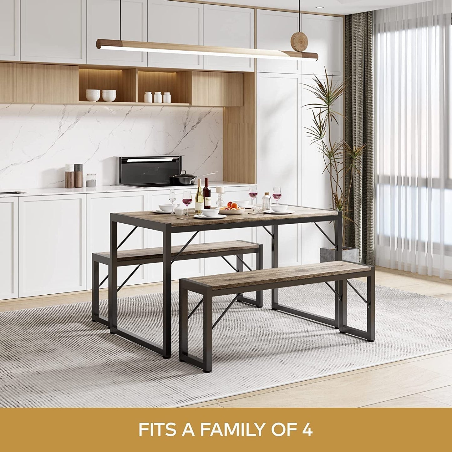 Dining Table Set for 4 with 2 Benches, Gray ShipItFurniture