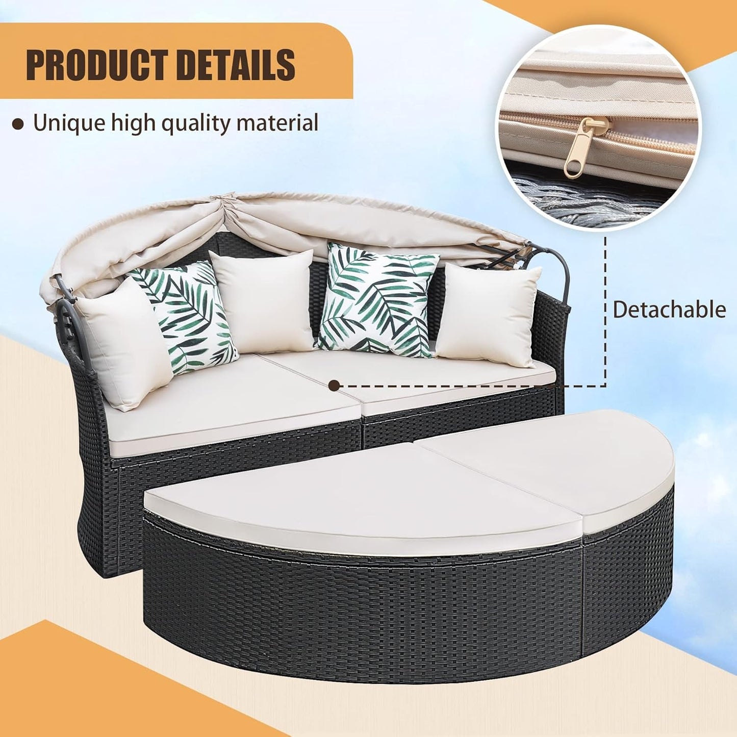 Beige Outdoor Daybed With Retractable Canopy And Comfort ShipItFurniture