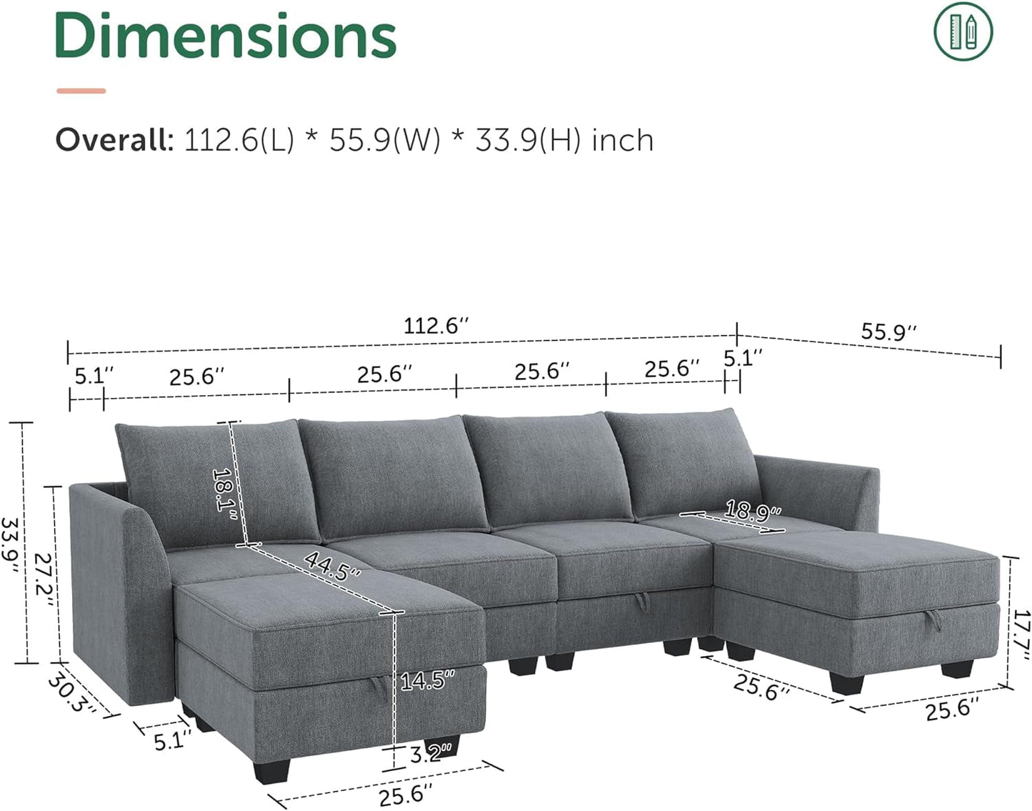 Modular U Shaped Sectional Sofa Bluish Grey With Storage ShipItFurniture