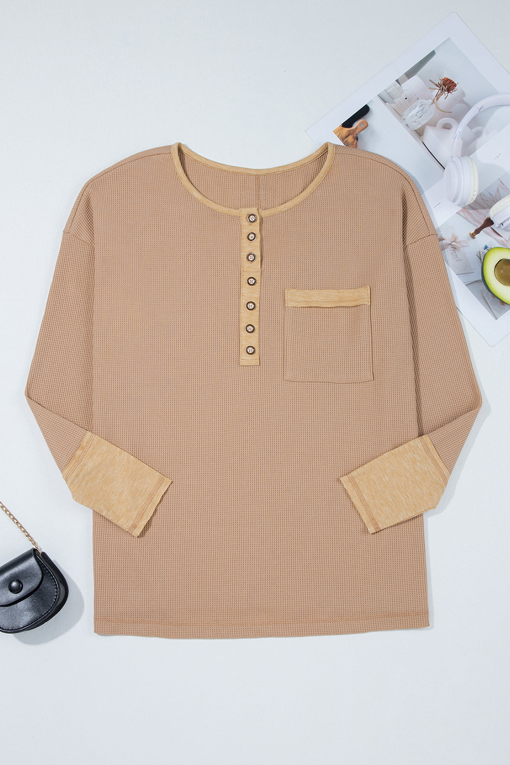 Blake Waffle Textured Tunic Henley Top with Slits Threaded Pear