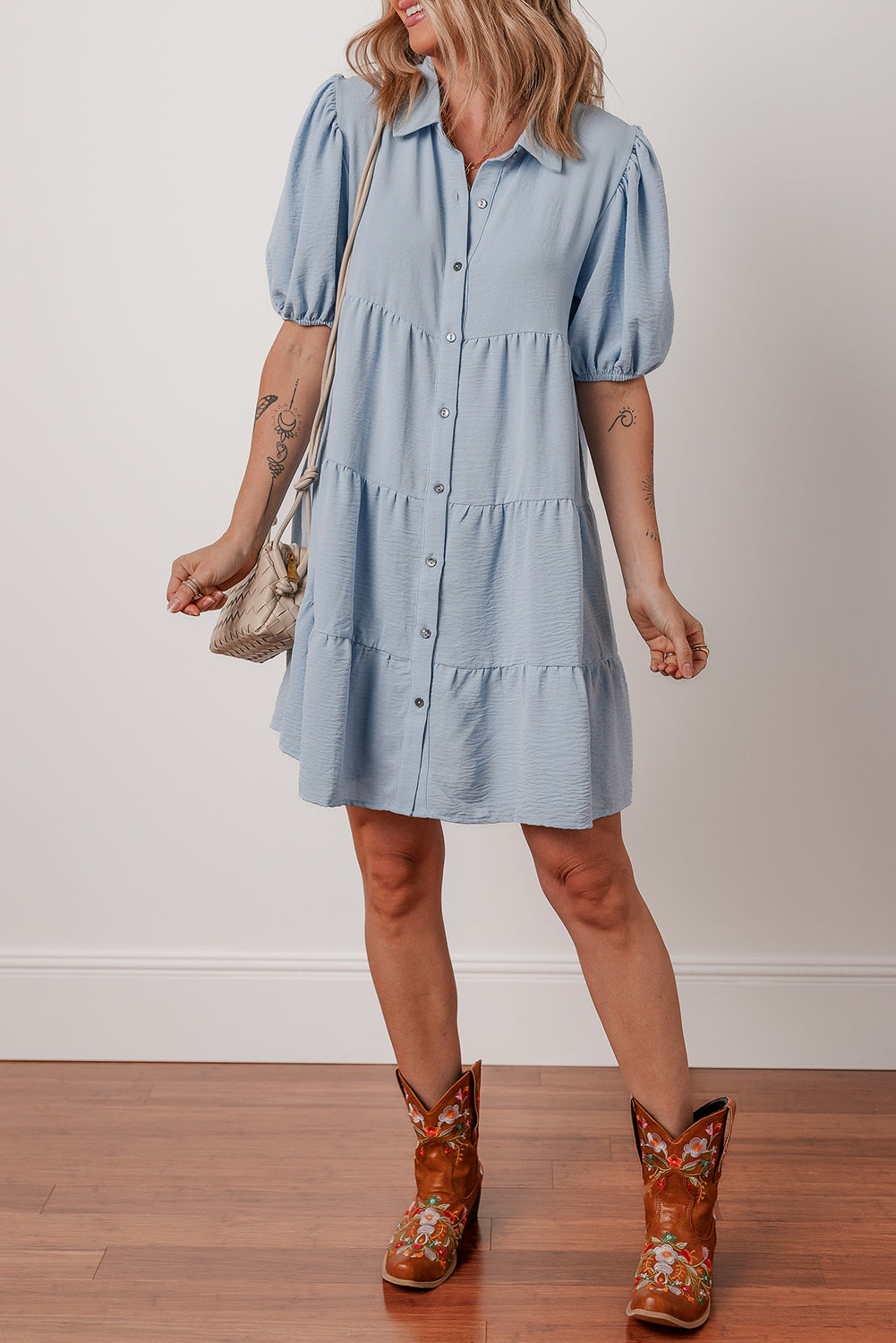 Arya Shirt Collar Button Up Puff Sleeve Tiered Dress Threaded Pear