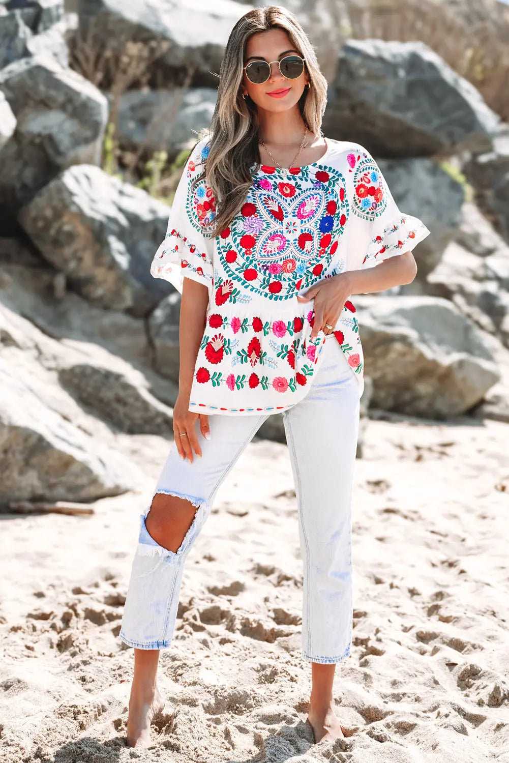 Selene Boho Floral Ruffle Trim Blouse Threaded Pear