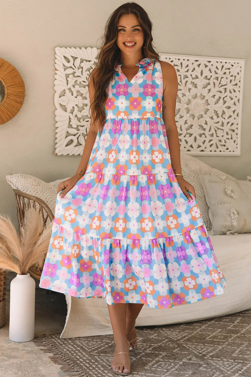 Lottie Floral Print Frilly Neck Sleeveless Tiered Maxi Dress Threaded Pear
