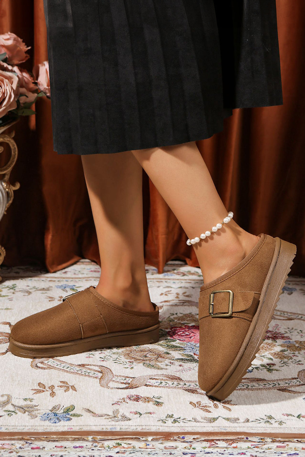 Jasmine Faux Suede Buckle Strap Detail Winter Slippers Threaded Pear