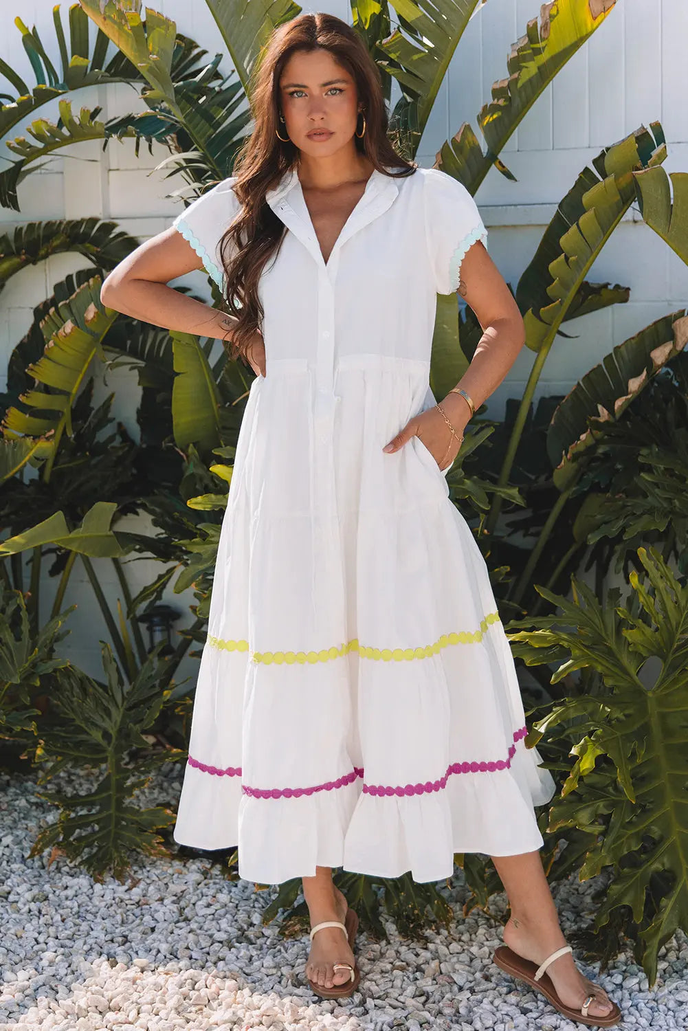 Aleah Rickrack Trim Short Sleeve Long Dress Threaded Pear