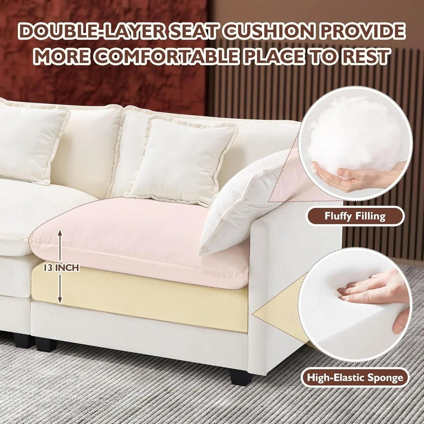 111.4 Inch 3 Seater Cloud Sofa Modular Sectional Couch Beige With Breathable Chenille Fabric - Get it from Bo