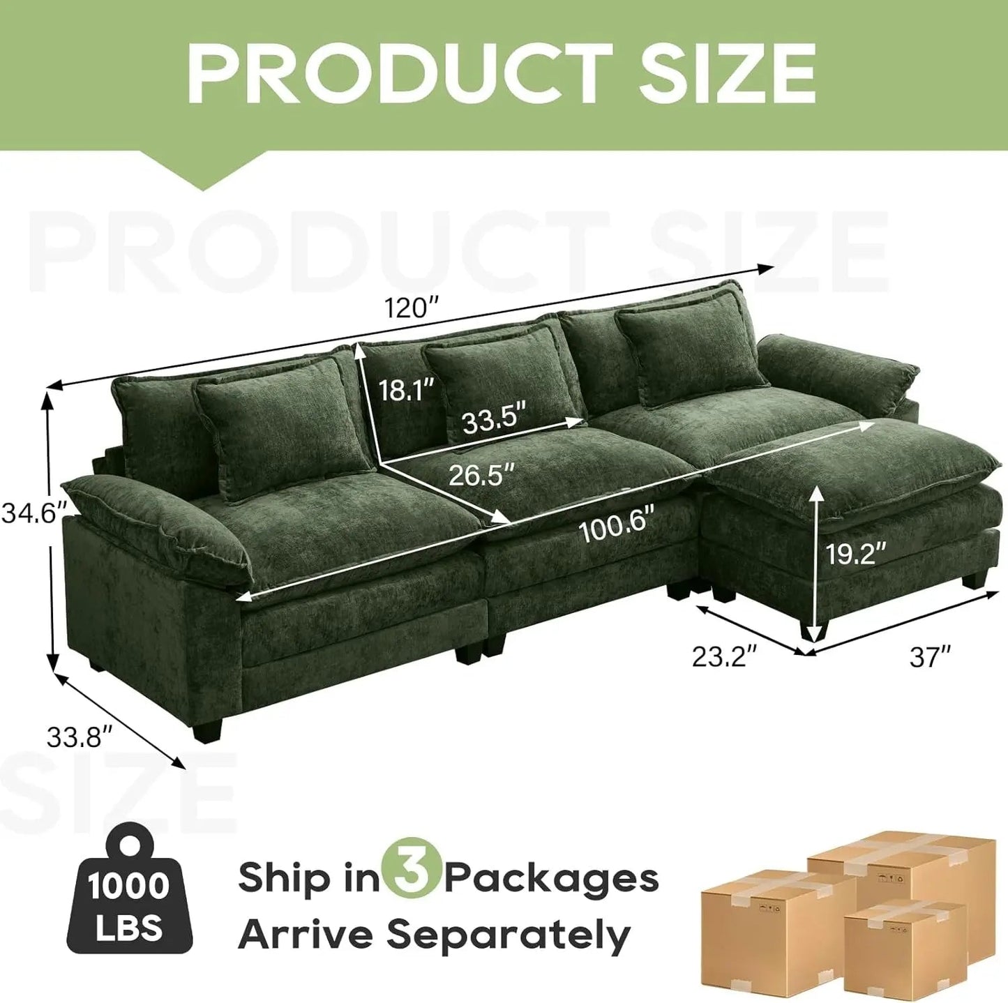120Inch Green Modular Sectional Sofa Featuring Ottoman - Get it from Bo