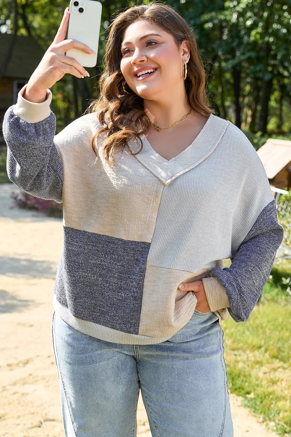 Elaina Plus Size Textured V Neck Top Threaded Pear