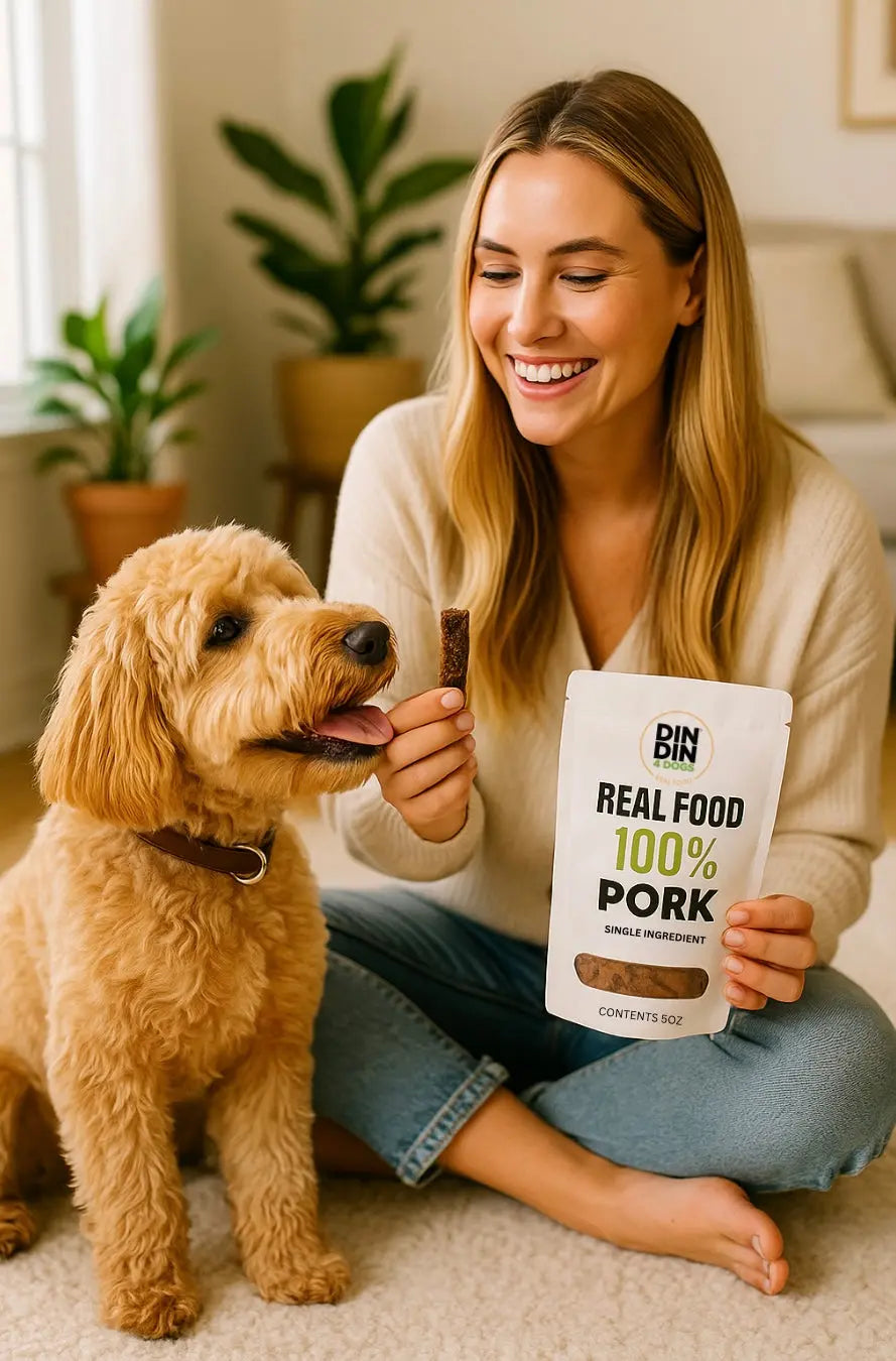 100% Pork Dog Treats, 5 Ounce Bag, Single Ingredient, High Protein Din Din 4 Dogs