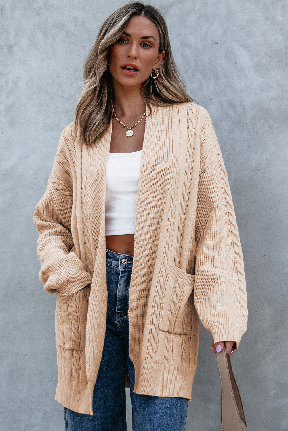 Jade Oversize Chunky Cable Knit Midi-length Cardigan Threaded Pear