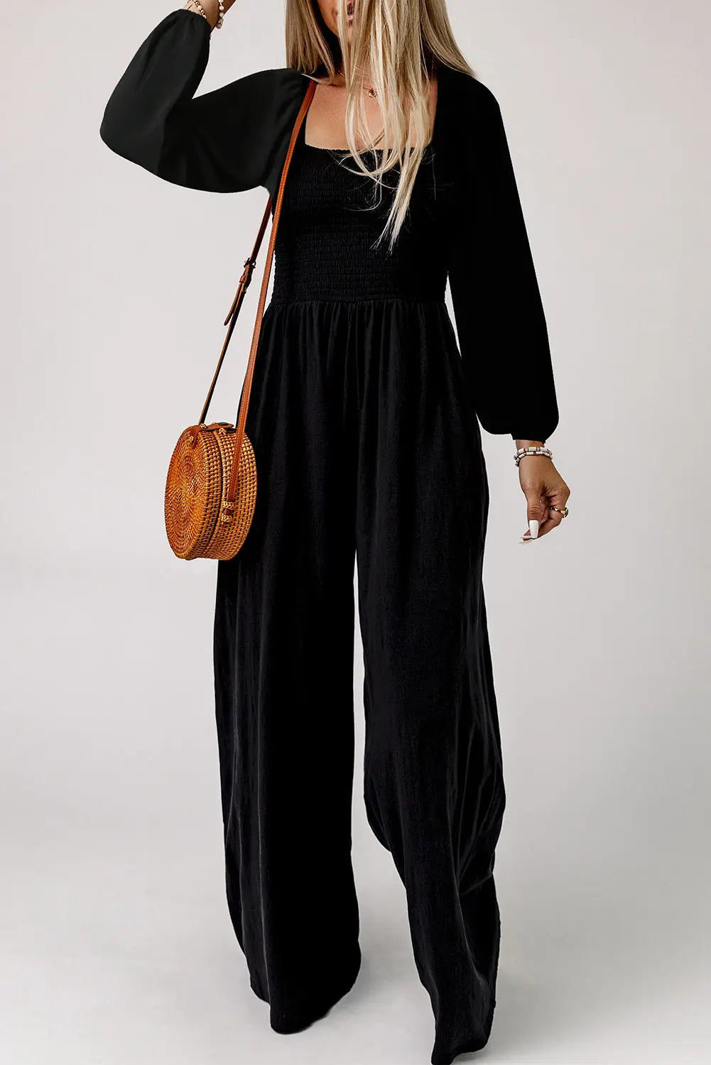 Ryleigh Smocked Square Neck Long Sleeve Wide Leg Jumpsuit Threaded Pear