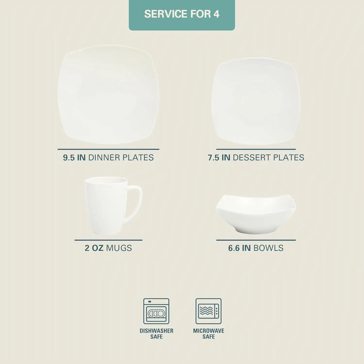 16 Pieces - White Square Porcelain Dinnerware Set - Service for 4 - Get it from Bo