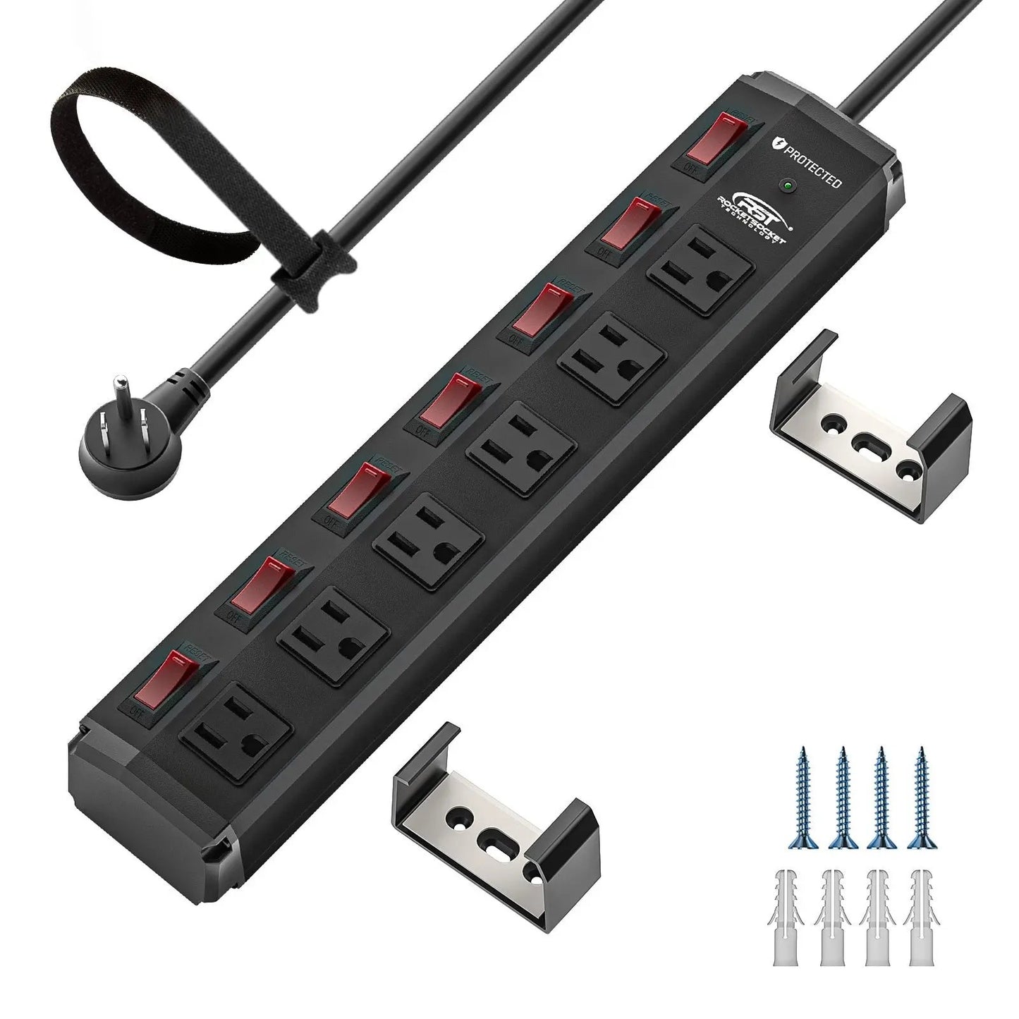 CRST 6 Outlets Individual Switches Mountable Metal Power Strip Surge Protector, 6FT Flat Plug Power Cord Rocket Socket Technology