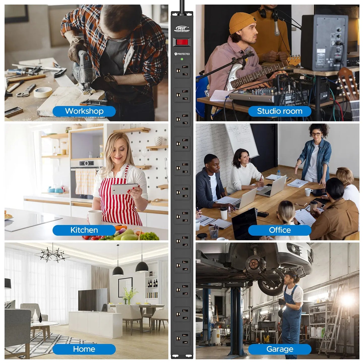 CRST 12 Outlets Wide Spaced Mountable Metal Power Strip Surge Protector, Optional 15FT or 6FT Flat Plug Power Cord Rocket Socket Technology