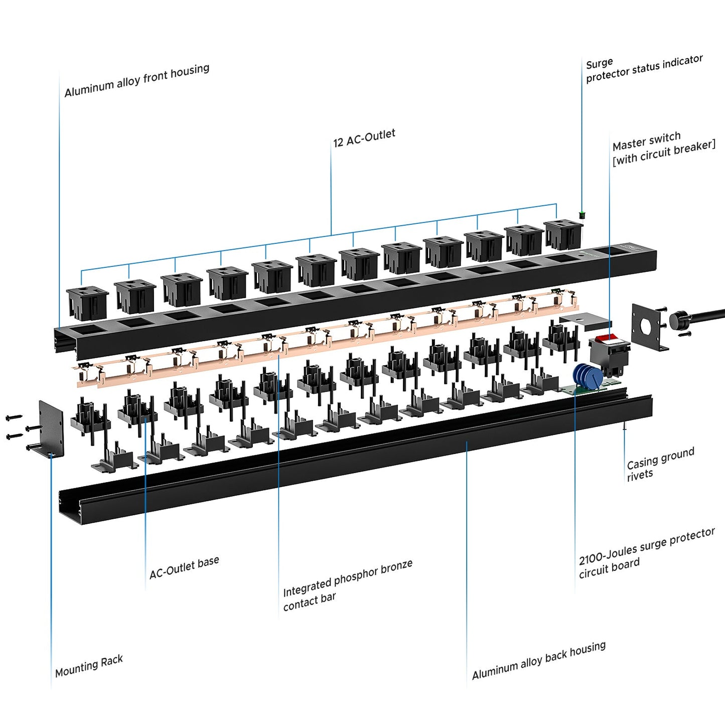 CRST 12 Outlets Wide Spaced Mountable Metal Power Strip Surge Protector, Optional 15FT or 6FT Flat Plug Power Cord Rocket Socket Technology