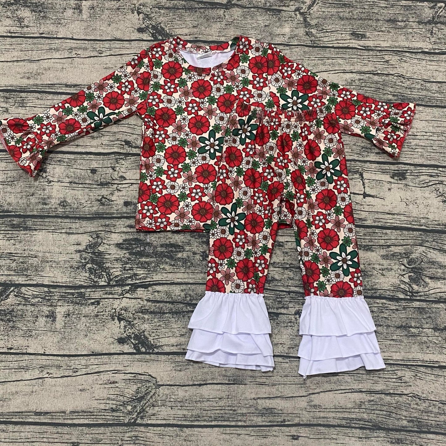 Christmas Floral two piece ruffle set Leopardbaby Boutique