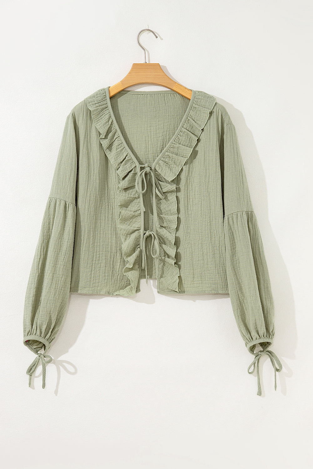 Natalia Bow Tie Front Ruffle Trim Long Sleeve Gauze Blouse - Get it from Bo