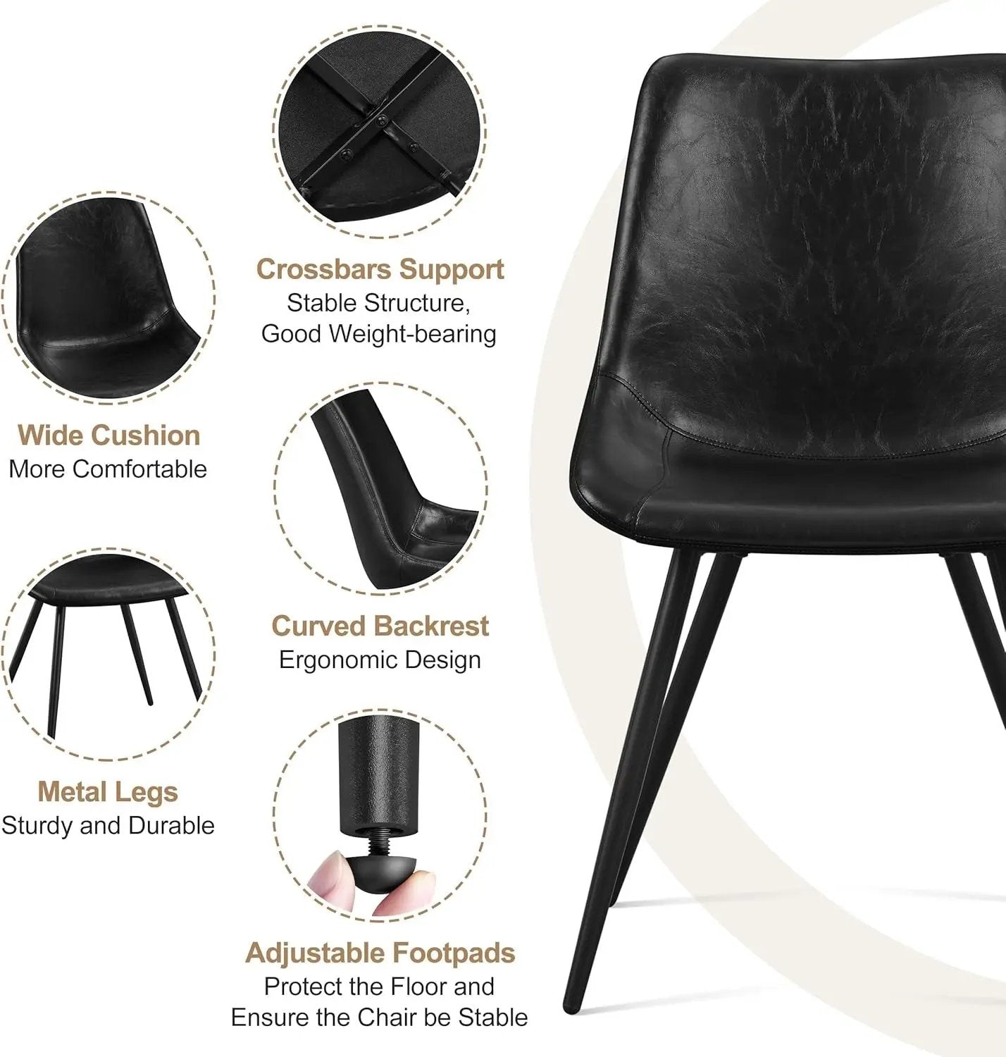 Dining Chairs Set of 2 Mid Century Modern Dining Room Chairs Faux Leather Upholstered Kitchen Chairs with Metal Legs for Kitchen Dining Room, Black-4